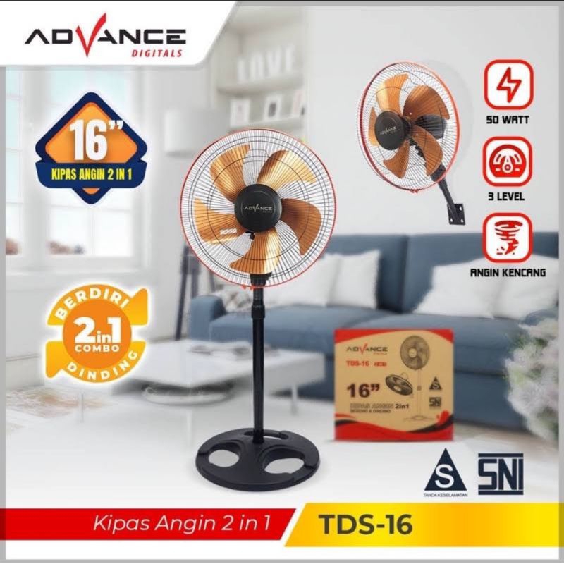 kipas angin besi 16 inc 2 in 1 / kipas angin besi advance tds 16 (berdiri+dinding)