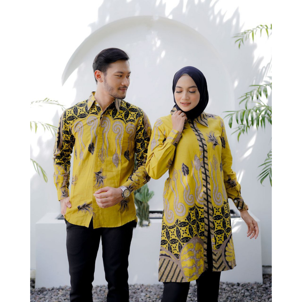 Baju Batik Couple Tunik Wanita Kemeja Pria Lengan Panjang Resleting Depan