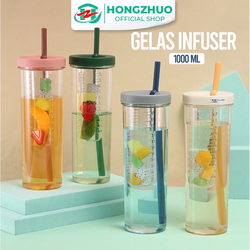 Hongzhuo Botol Minum Transparan Infused Water Botol Minum Sedotan Lipat Botol Minum Buah 1000ml