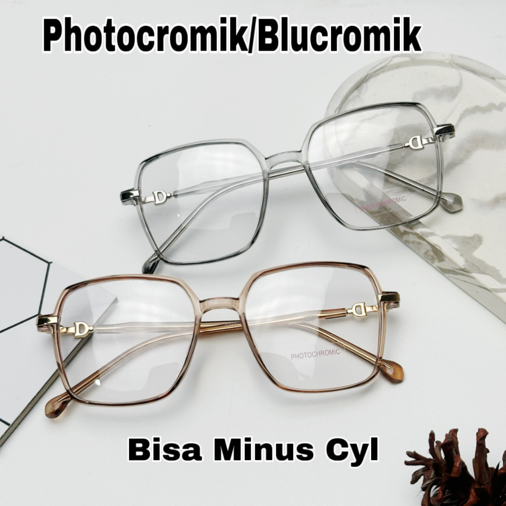 Kacamata Model Kotak Frame Plastik lentur Import Lensa Photocromik Blucromik Minus 0366