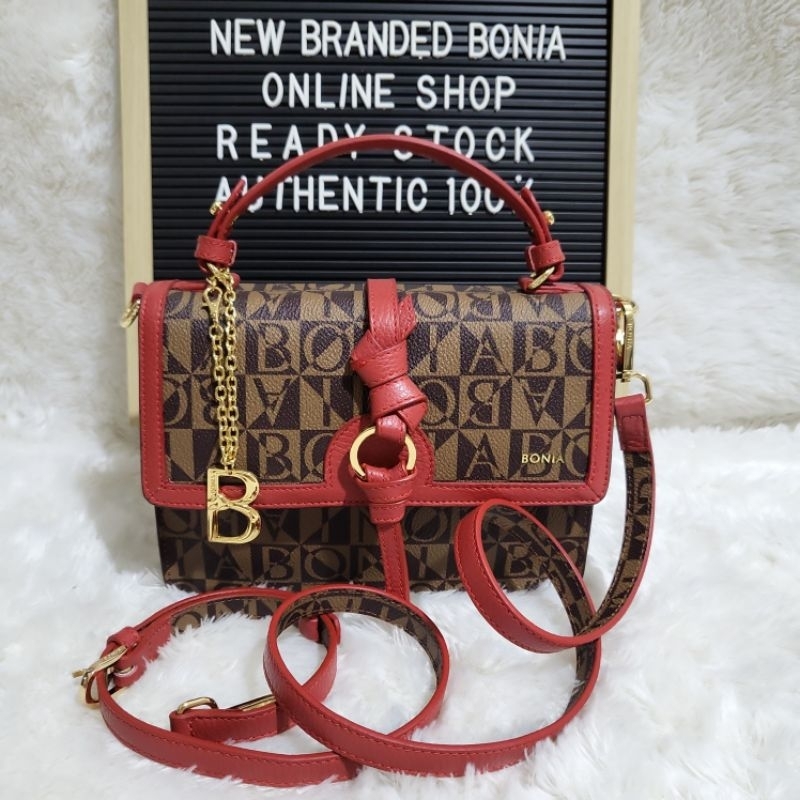 tas bonia original sling bag top handle metis monogram lis merah