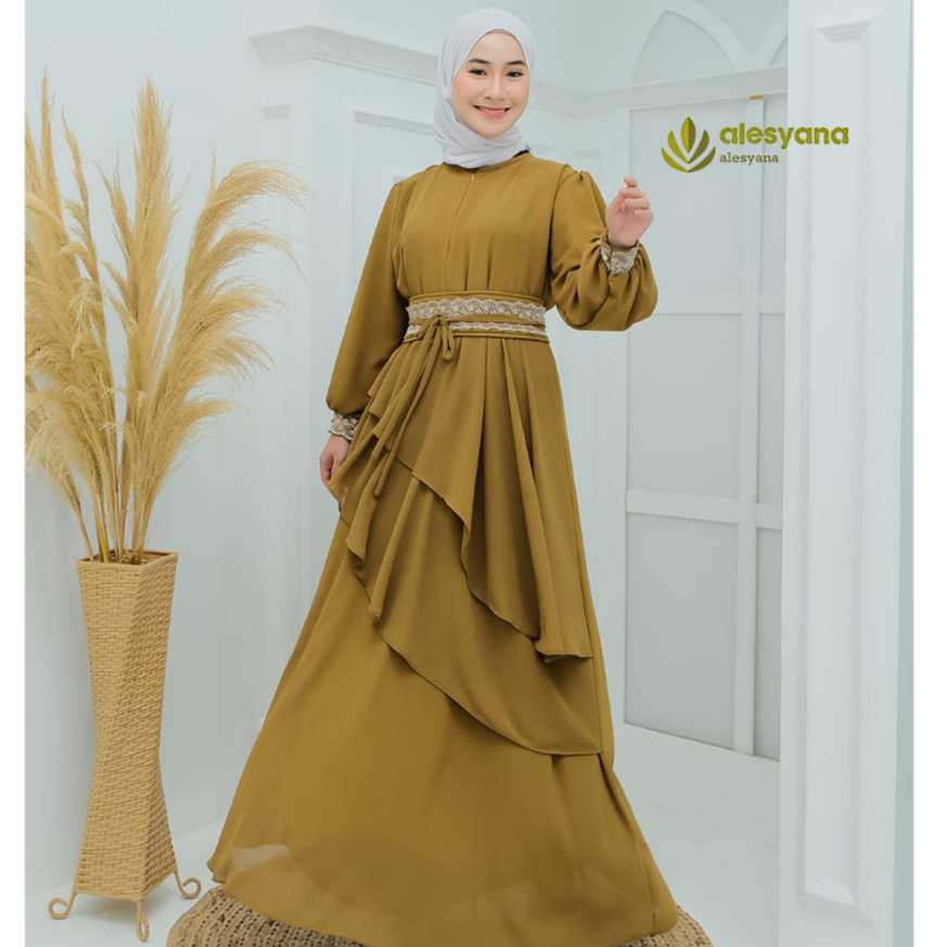 Gamis lebaran wanita simpel ceruty full puring yuna dress ori alesyana hijab