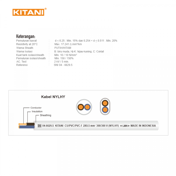 Kitani NYLHY 2x0.5 Kabel Listrik Serabut Tembaga SNI 2x0,5 Putih Hitam