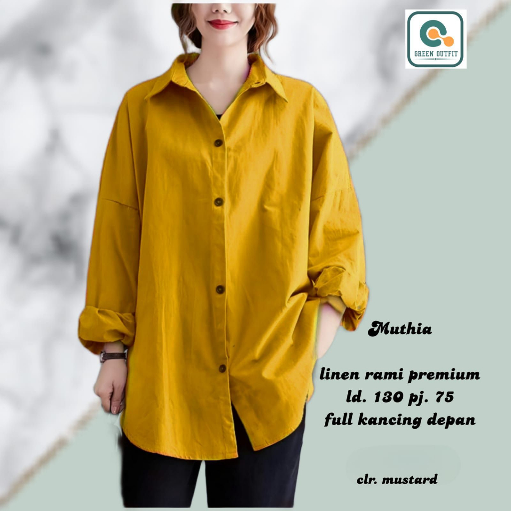 muthia shirt pakaian baju atasan kemeja blouse bluse blus bluss linen jumbo ld 130 xxxxl bigsize big