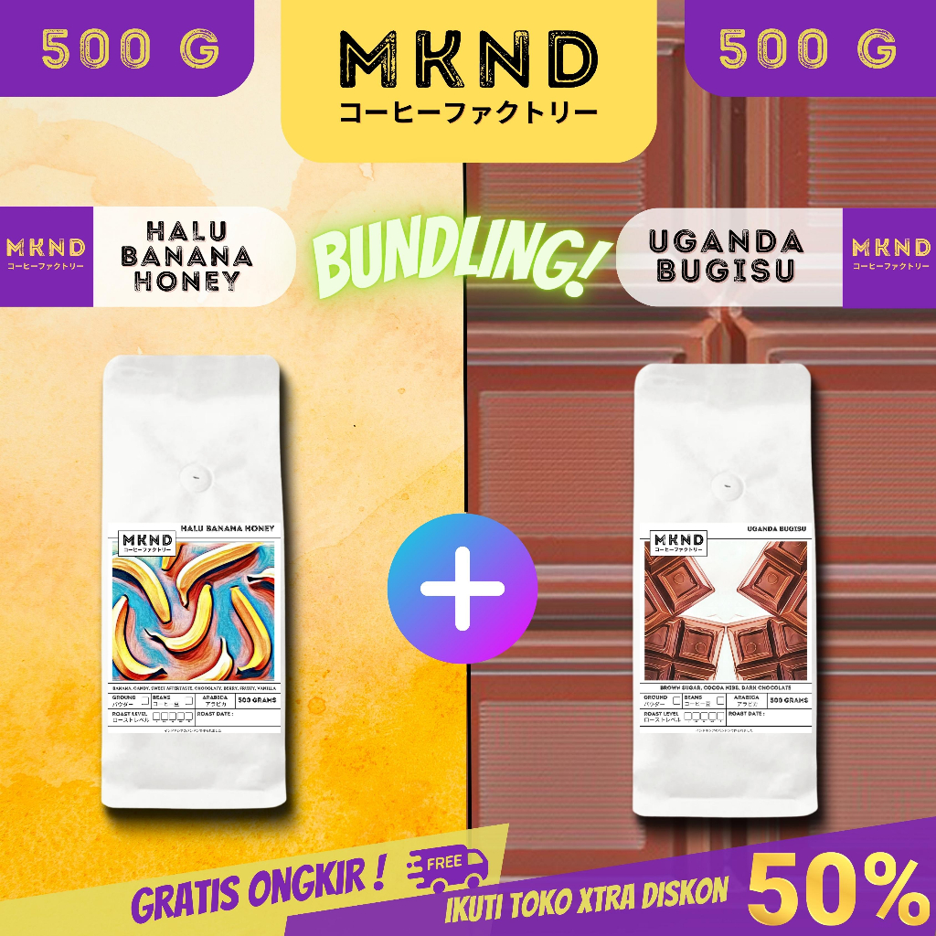 

MKND® BUNDLING HEMAT 2X500 KOPI ARABIKA HALU BANANA HONEY + KOPI ARABIKA UGANDA BUGISU SPECIALTY COFFE PROMO