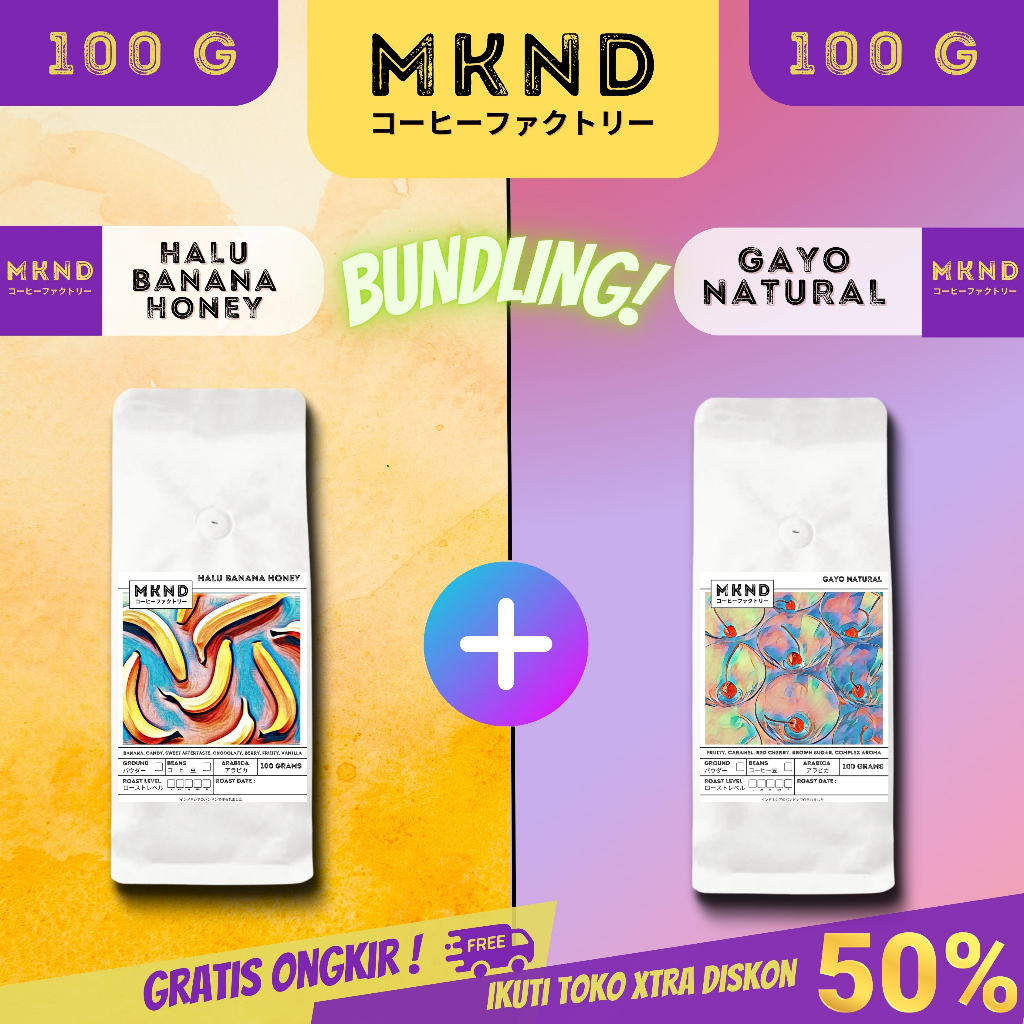 

MKND® BUNDLING HEMAT 2X100 KOPI ARABIKA HALU BANANA HONEY + KOPI ARABIKA ACEH GAYO NATURAL PROMO DISKIN | BIJI BUBUK | SINGLE ORIGIN | PREMIUM COFFE | ROASTED BEANS | MANUAL BREW | COFFE ROASTERY