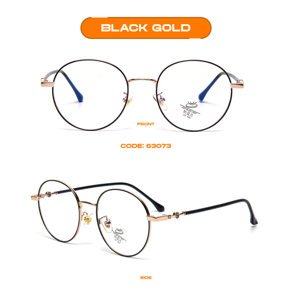 Robins kacamata Bulat Anti Radiasi Komputer Frame Kacamata Bisa Minus Photocromic Bluecromic Fashion Terbaru Pria Wanita 63073-Black Gold