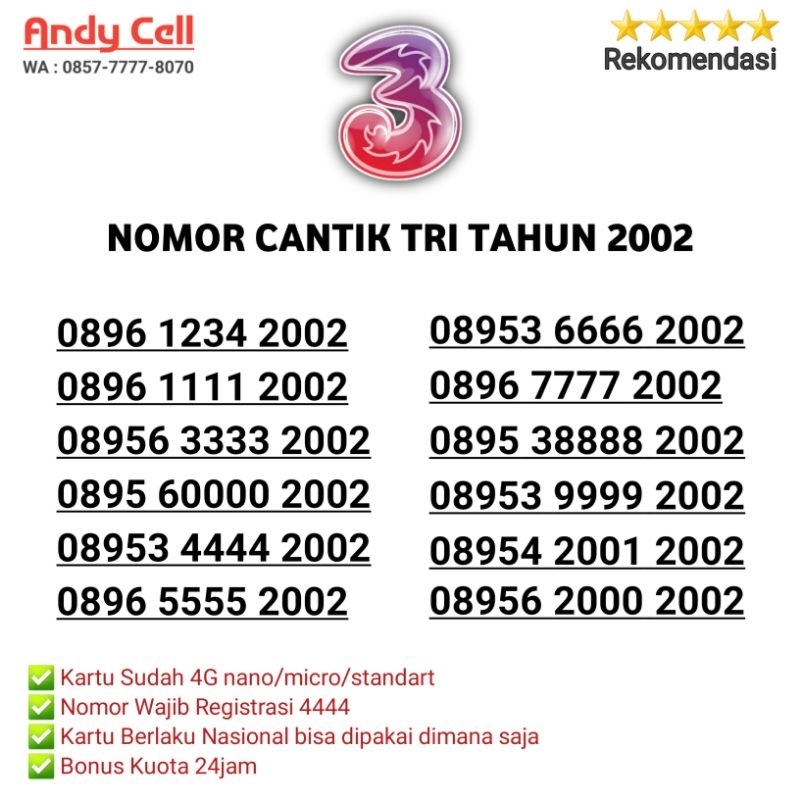 nomor cantik tri seri tahun lahir 2002/nomer cantik three 2002