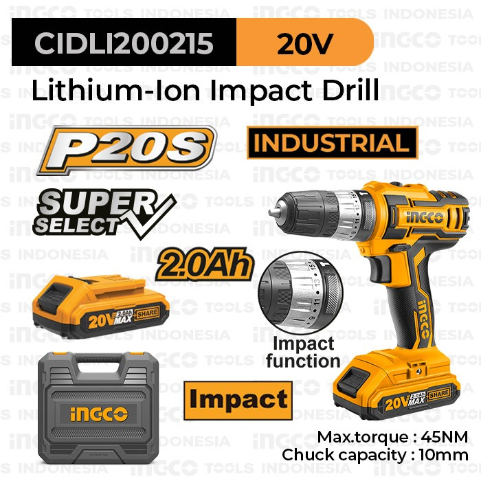 Bor Baterai Tembok 20 Volt Eco Impact Drill 10 mm INGCO CIDLI200215