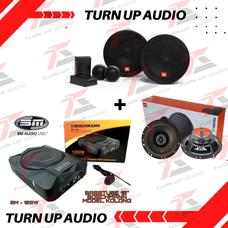 Paket audio mobil JBL by Harman kardon subwoofer kolong Boschmann new speaker pintu depan belakang +