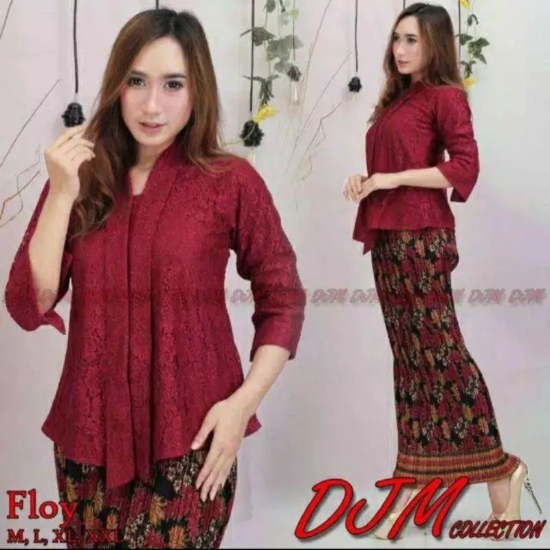 SETELAN KEBAYA FLOY BROKAT + ROK PLISKET BATIK DEWASA PANJANG / BAJU KEBAYA WANITA MUSLIM MODERN / S