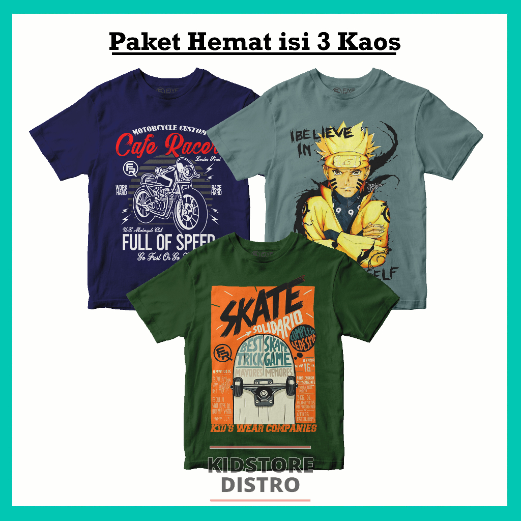 Paket Baju Distro Anak Karakter dapat 3pcs Murah Berkualitas Usia 1-12 Tahun Promo