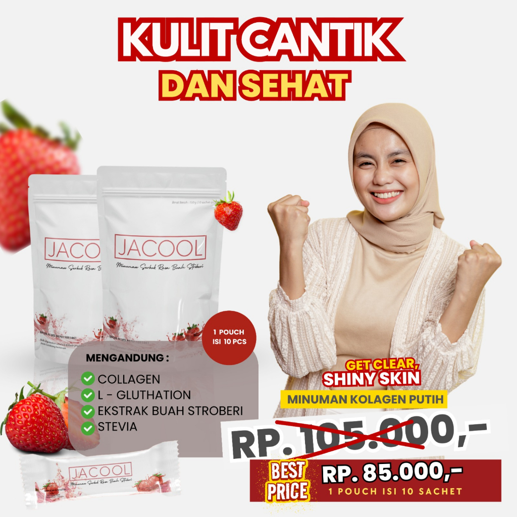 Jacool Collagen Drink Minuman Kolagen Ikan + Vitamin C L-Glutathione Rasa Strawberry Suplemen Kecantikan Perawatan Kulit Minuman Serbuk Collagen Beauty Drink Tripeptide Isi 10 Sachet BPOM