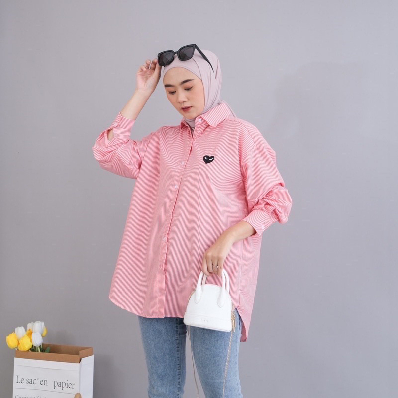 kemeja oversize salur / kemeja jumbo salur love mata / kemeja stripe CDG / kemeja salur wanita / kemeja LD 120