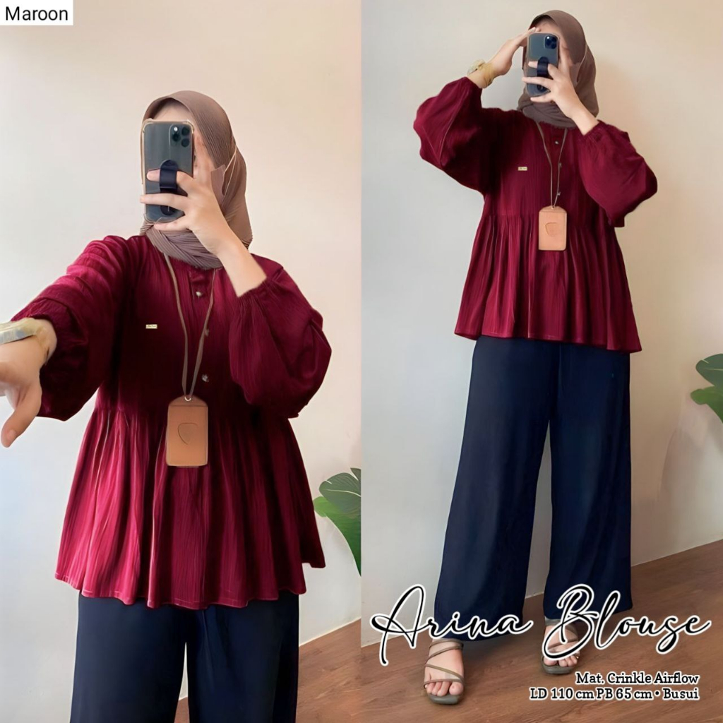 ATASAN WANITA TERBARU ARINA BLOUSE CRINKLE AIRFLOW PREMIUM REMPEL MUTER LENGAN KARET