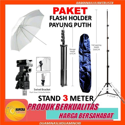 Paket Lightstand Studio 3 meter + Flash Holder + Payung putih Strobist Light Stand Lampu Studio Ring Light Make Up Fill Lighting Umbrella White