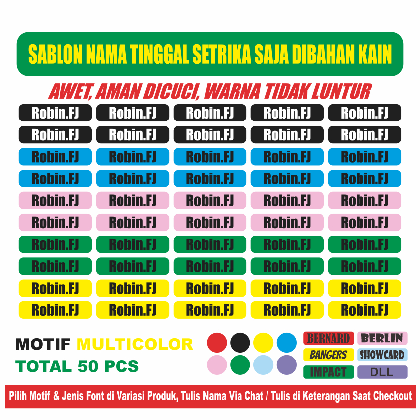 RFJ599 Sticker Nama Label Printing Kain / kaos Sablon Setrika Isi 50pcs Gratis Custom Nama (Bukan Bordir tapi Label DTF Bisa Ditempel)