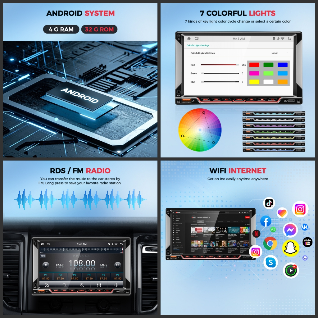 GEARELEC Car Radio 7inci double din Mobil Navigasi 4G + 32G Android12 Head Unit with 45 tema car radio with IPS Lapisan Layar Sentuh  Dukungan WiFi/GPS/youtube