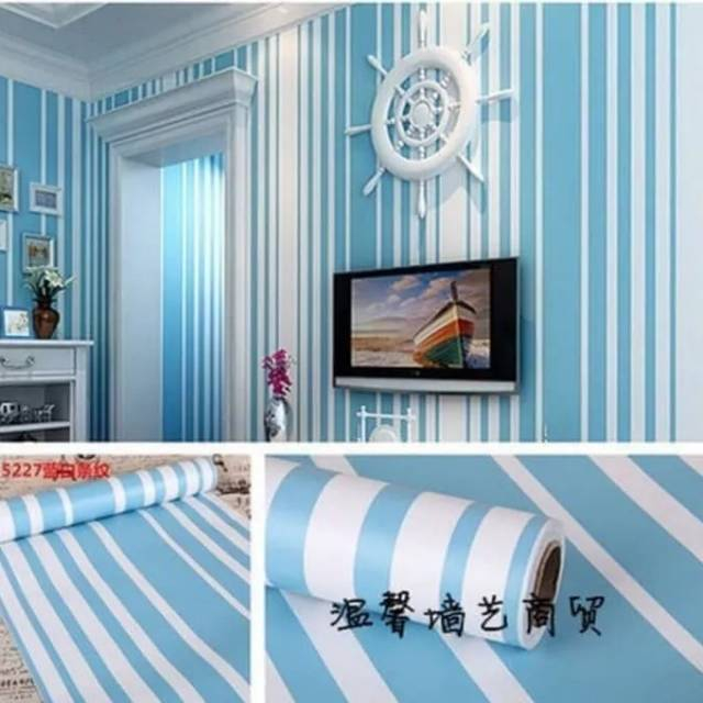 (PROMO) Gudang Wallpaper Stiker Dinding Kamar Tidur Motif Garis Biru Vintage Aesthetic Bahan PVC Premium Anti Air dan Anti Noda Berkualitas Terbaik Grade A+ Sudah Ada Lem