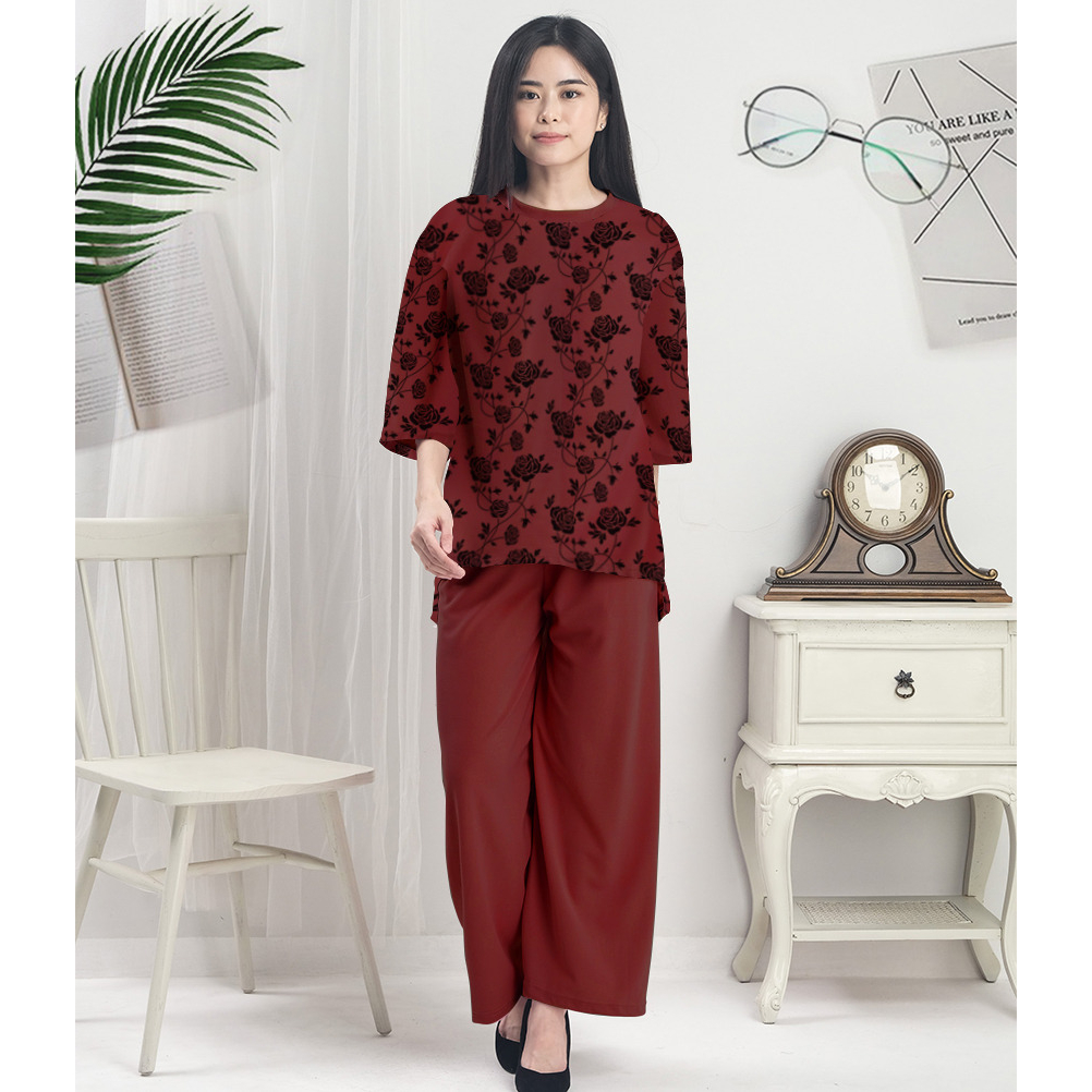 RILLO - Baju Setelan Celana Wanita Motif Rose Flower