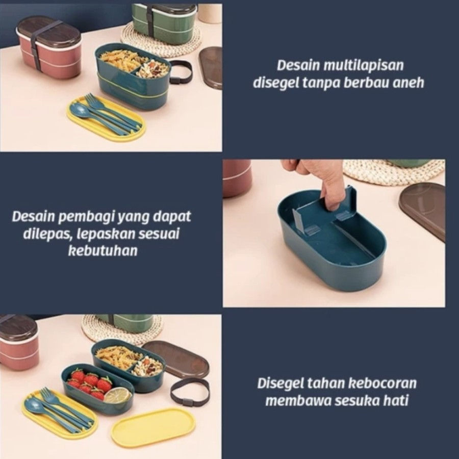 Double Lunch Box Susun Kotak Bekal Makan Siang Bento Set Sendok Tali A