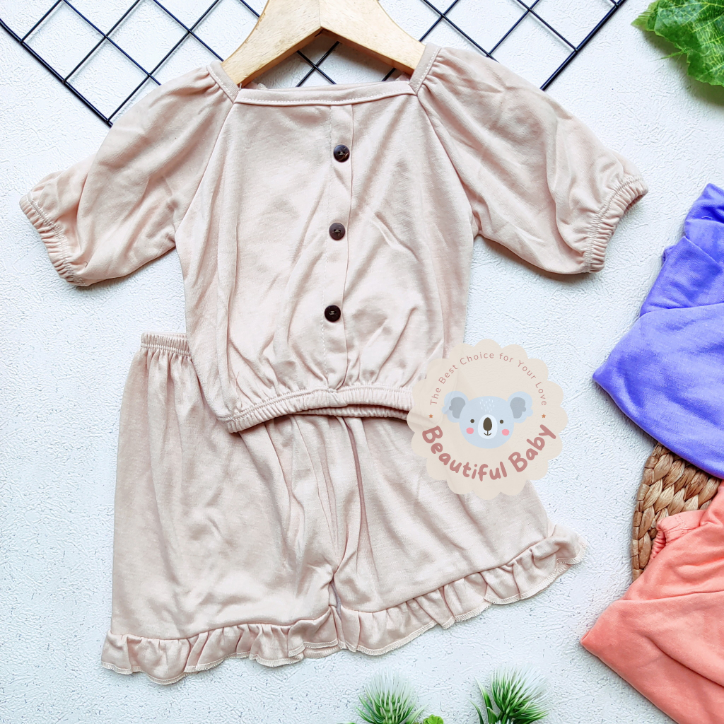 Setelan Baju Bayi Pendek Ruflle Bayi Crop Top Bayi Lucu Murah Motif Polos - Beautiful Baby Shop