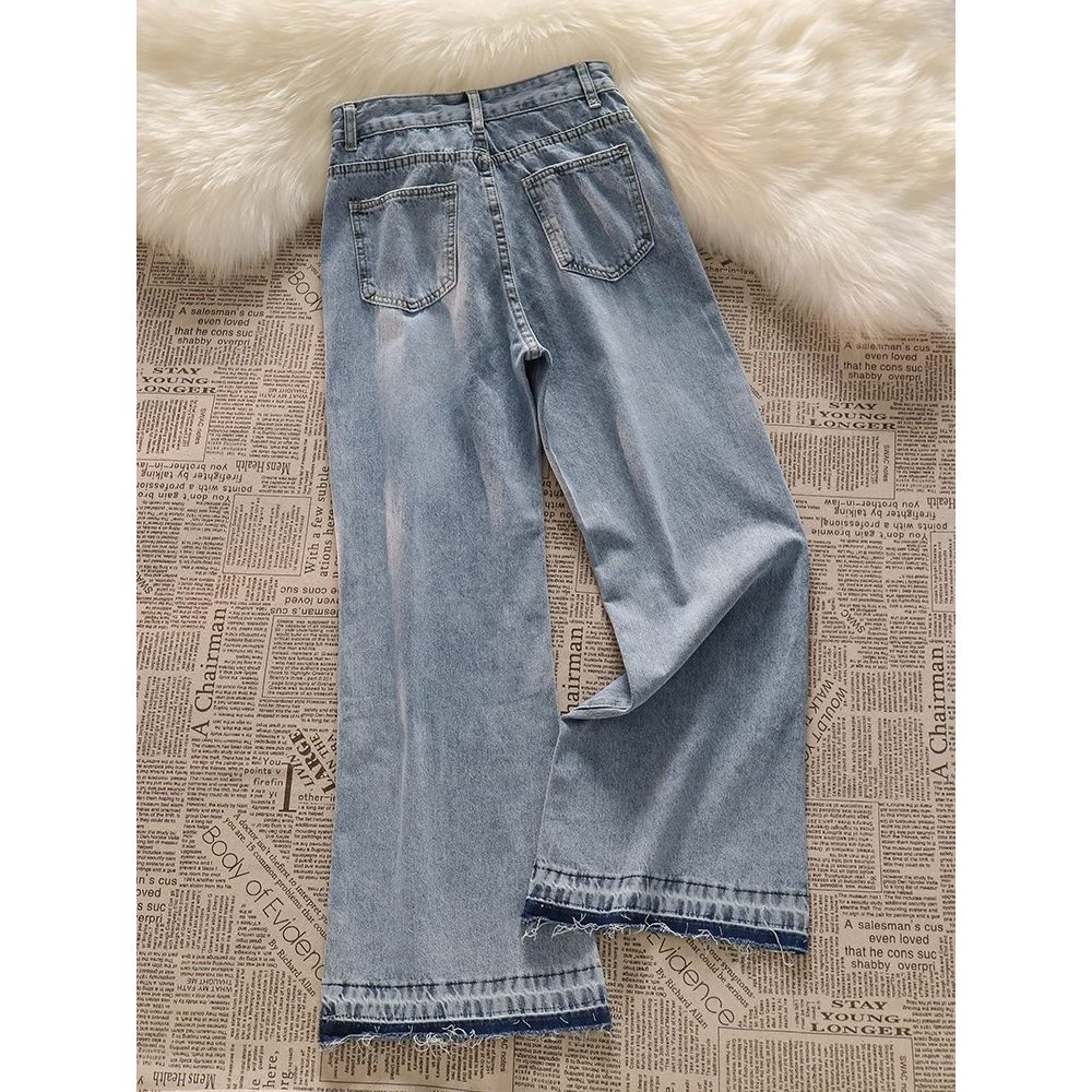 Biru muda Rawis Denim Highwaist Loose Celana Jeans Wanita korea