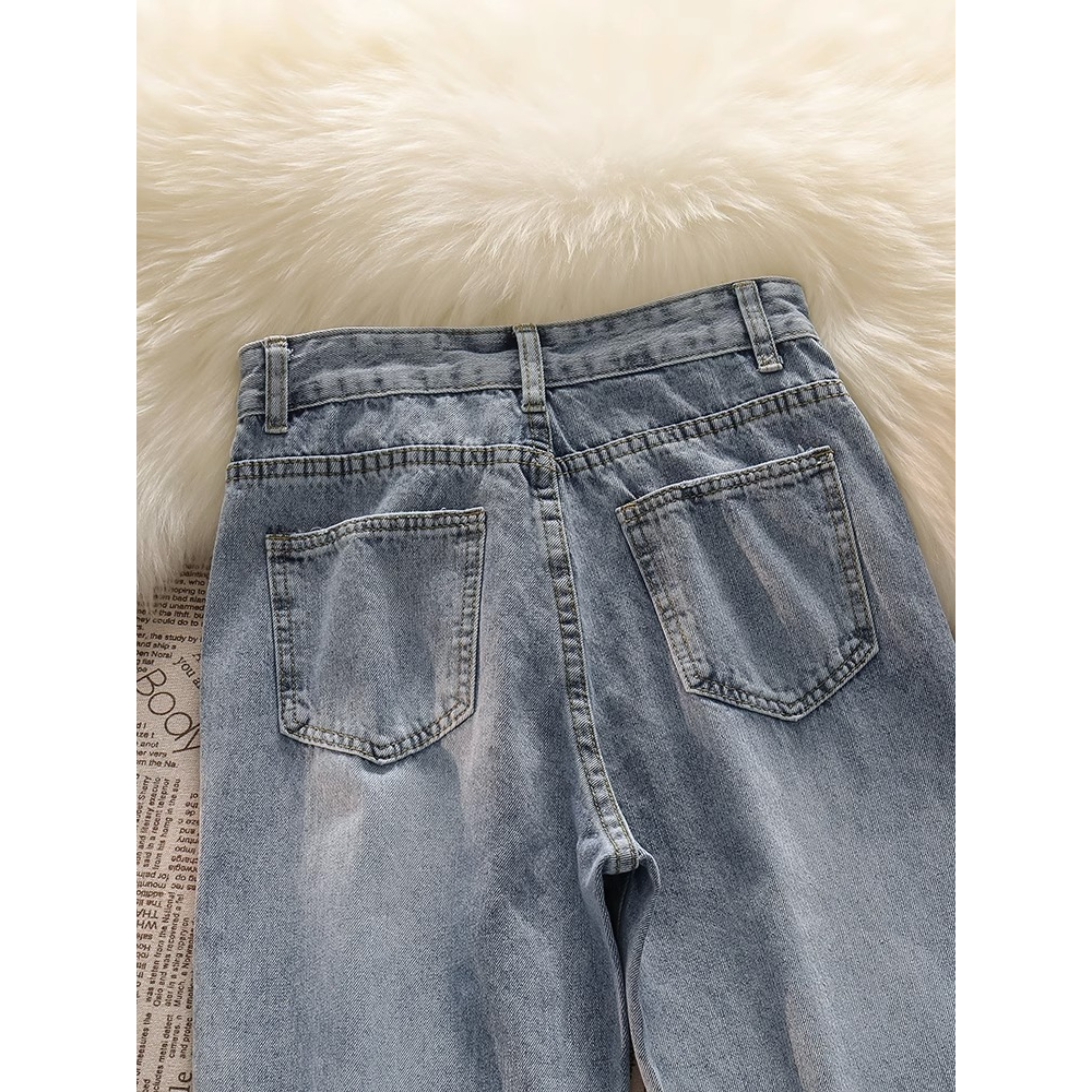 Biru muda Rawis Denim Highwaist Loose Celana Jeans Wanita korea