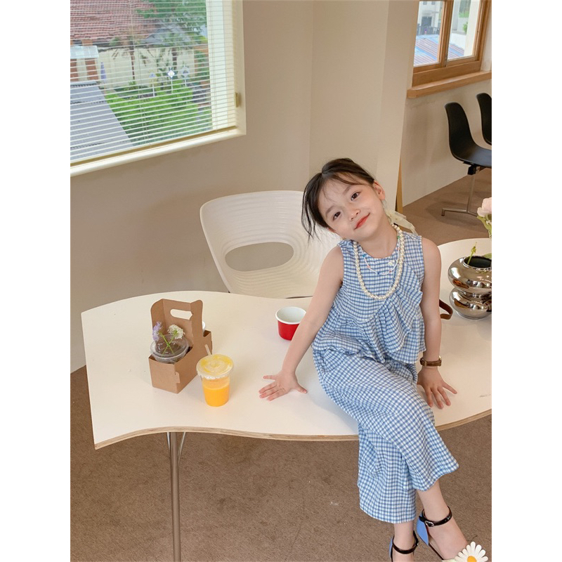 JUNECOLLECTIONS SETELAN SET ANAK PEREMPUAN BLOUSE BIRU SALUR DAN CELANA PANJANG CUTBRAY #669