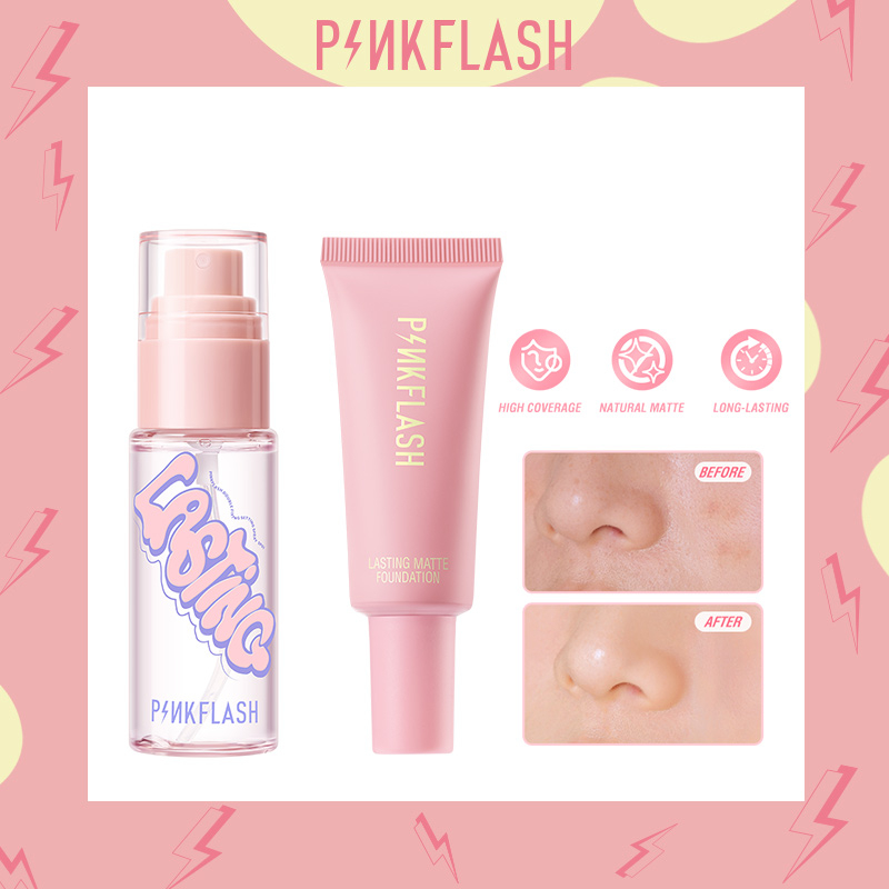 PINKFLASH 2 Pcs Face Makeup Set Matte Oil Control Foundation+ Hydrating Setting Spray Matte Finish Long Lasting