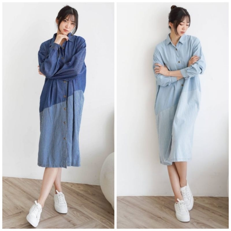♡ PREMIUM ♡ ORIGINAL ! VRENIES DENIM BIG SIZE LONG SLEEVE COLLAR BUTTON PLAIN COMBINATION WITH STRIPE JEANS MIDI LOOSE DRESS ( BUSUI &amp; BUMIL FRIENDLY)