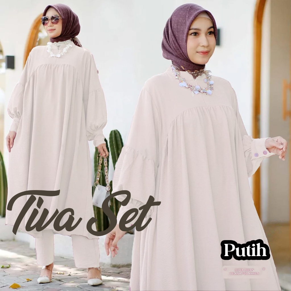 Tiva Set Long Tunik Wanita Jumbo Crinkle Air Flow / One Set Baju + Celana COD