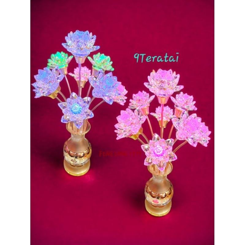 Hiasan | Pajangan Lampu Altar Puja Teratai Kristal Kaki Vas Bunga LED Warna Warni Premium 9 Teratai 