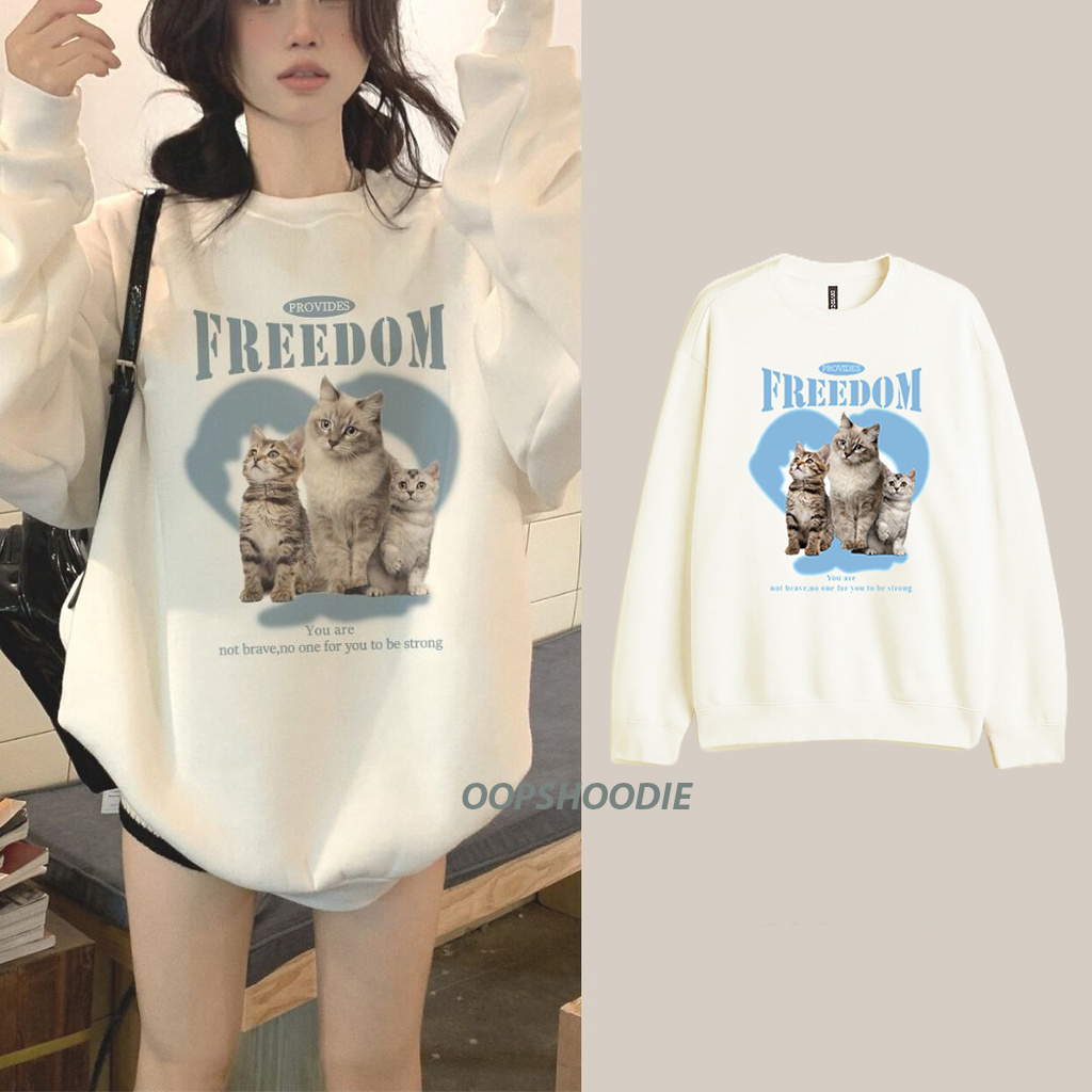 Crewneck Oversize H&amp;M Cat Freedom Korean Style Broken White Sweater HnM Oversize