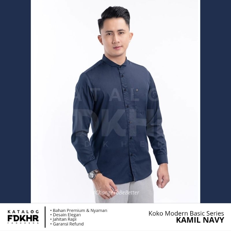 FADKHERA KAMIL NAVY BAJU KEMEJA KOKO MODERN POLOS BIRU DONGKER LENGAN PANJANG