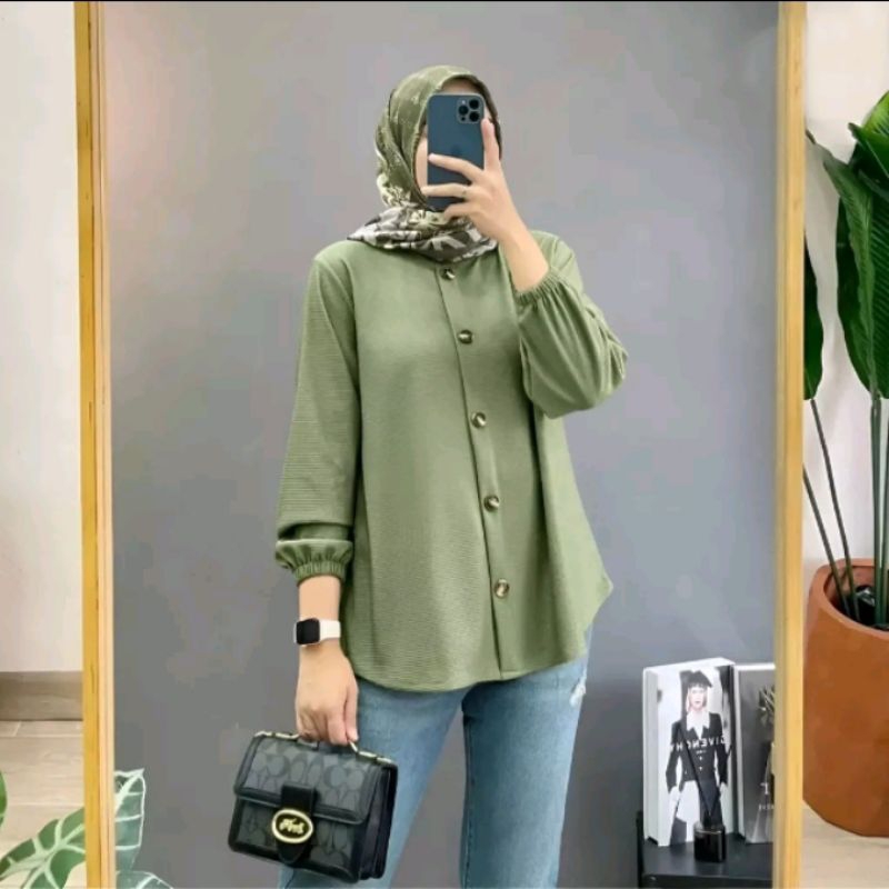 Vallina outfit-Devanca shirt Atasan Kemeja Blouse Kantoran Wanita Muslim bahan Cringkle harga grosir