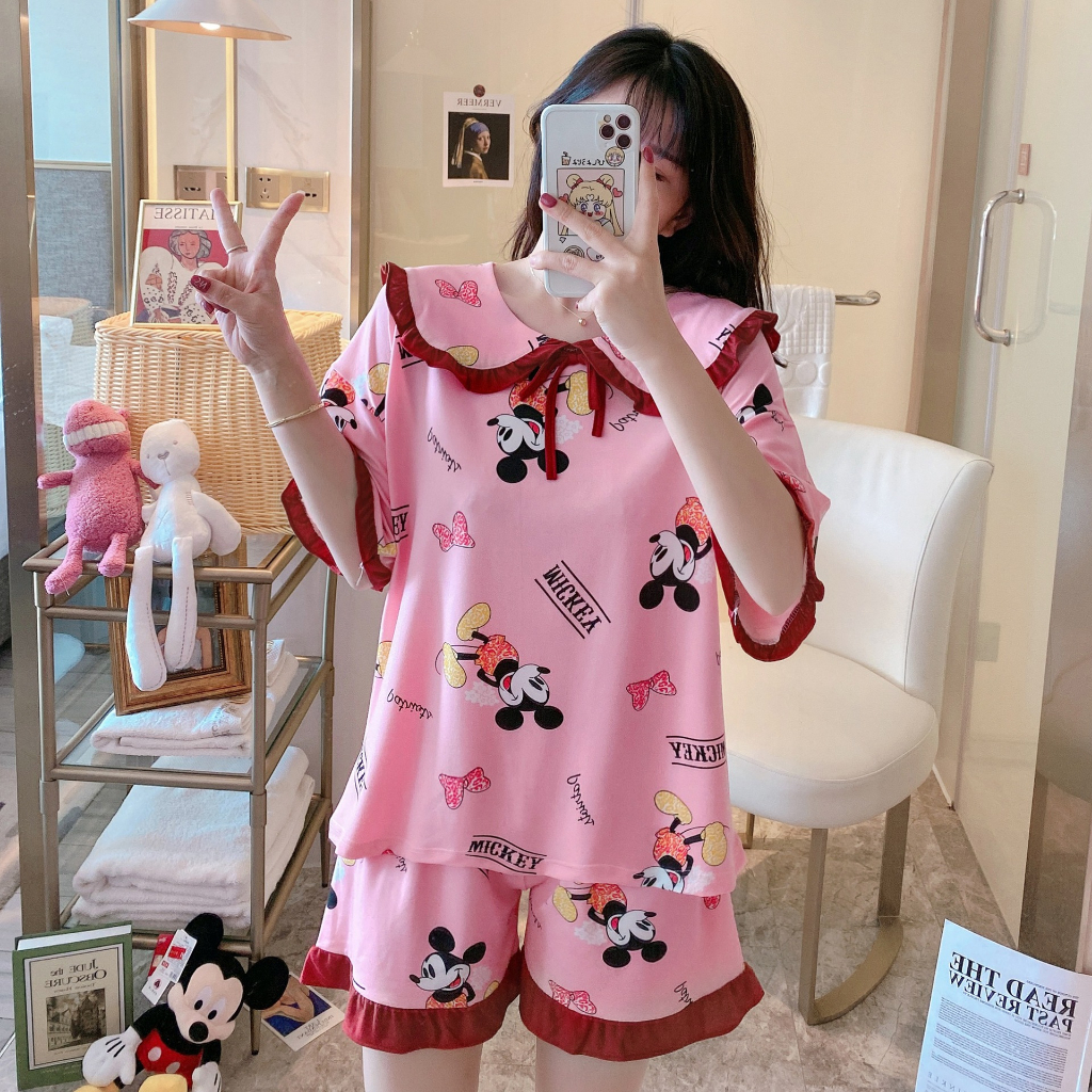 JC1001 Baju Tidur Wanita Piyama Set Pendek Best Seller Bear Mickey