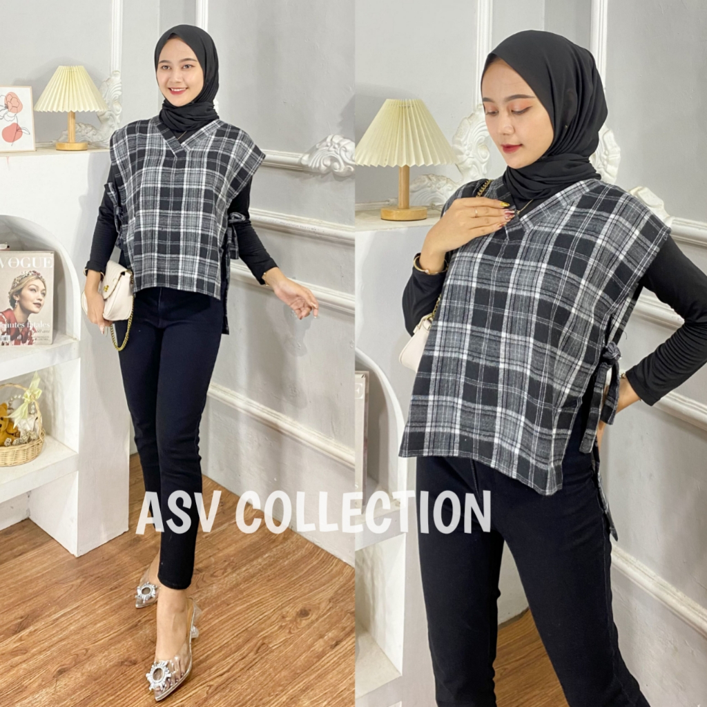 Vest Flanel Tali Samping Wanita / Korean Style Rompi Kotak Premium