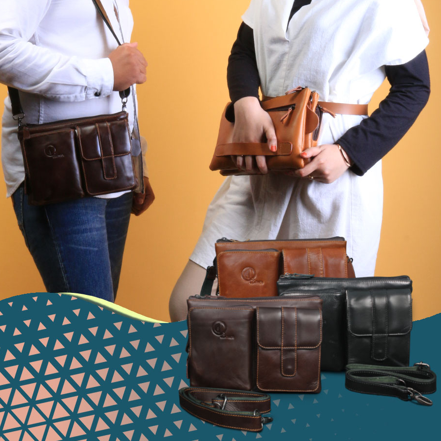 HB09 Tas Selempang Pria Wanita QI LEATHER / Sling Bag Cowok Bahan Kulit Sapi Asli 1 Slot Koin