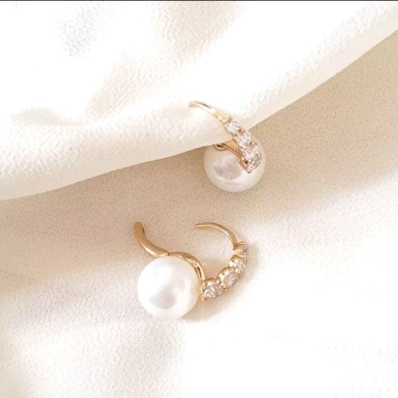 Anting Gantung Klip Mutiara Permata Sirkon Titanium Antikarat