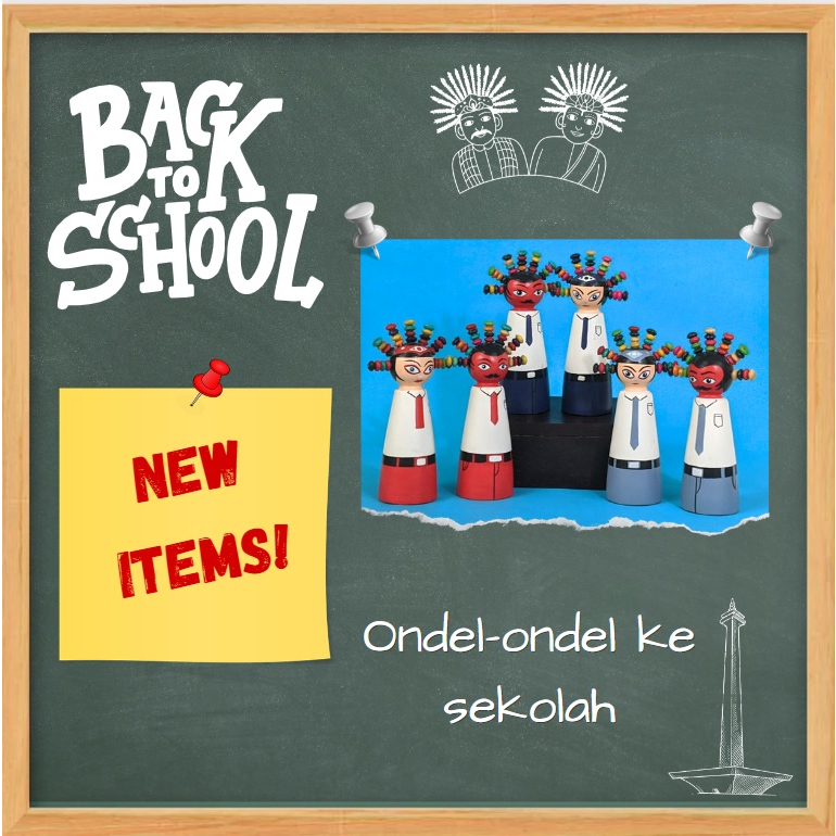 Boneka Ondel-ondel kayu seragam sekolah