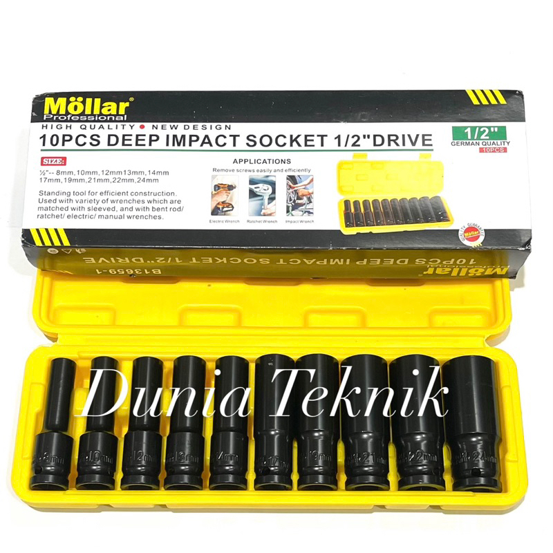 MOLLAR Deep Impact Socket Set 10 Pcs 1/2” Mata Sok Impact Mata Sock Panjang Impact 8 - 24 mm Socket 