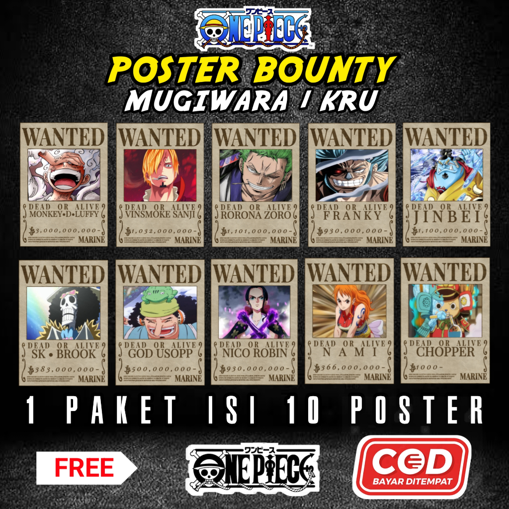 Poster One Piece Bounty Mugiwara 1 kru Dekorasi Dinding Anime Bounty Onepiece Free Perekat Stiker