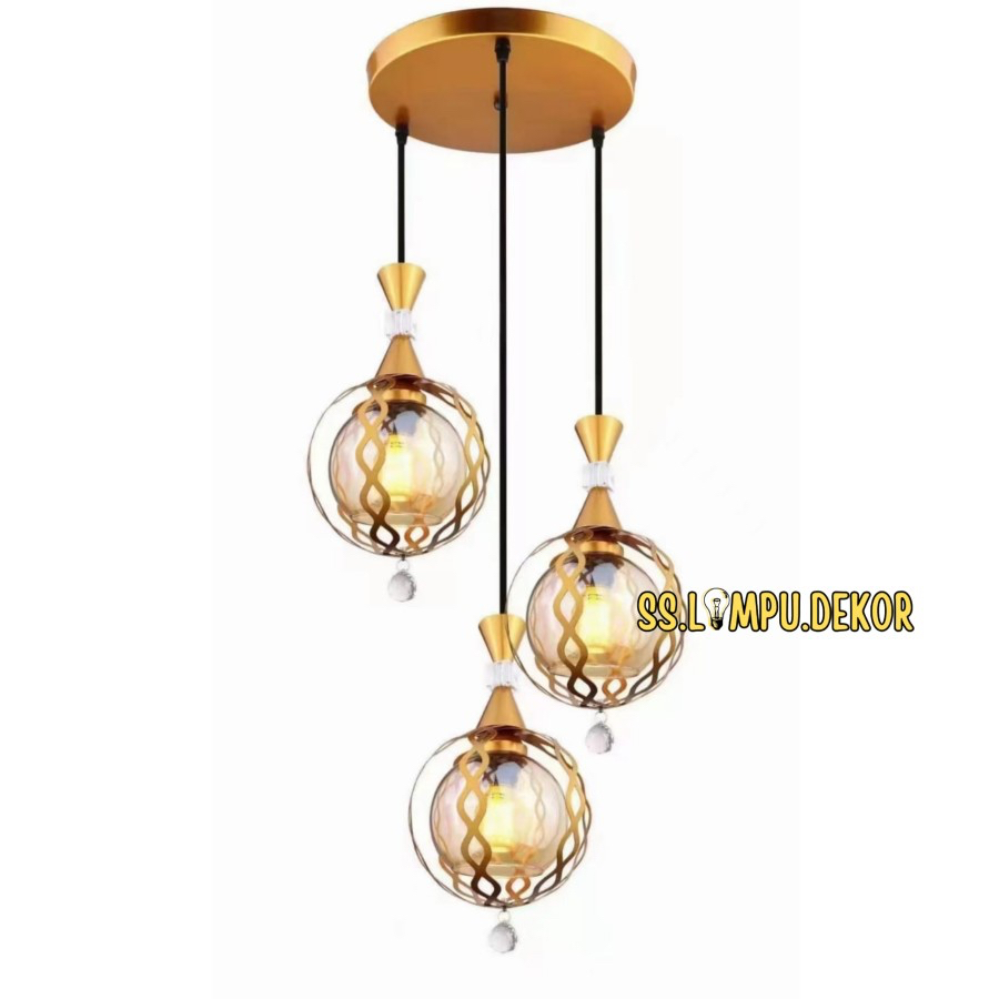 Lampu Gantung Minimalis 3 in 1 Gold Brass Kristal Bulat Modern