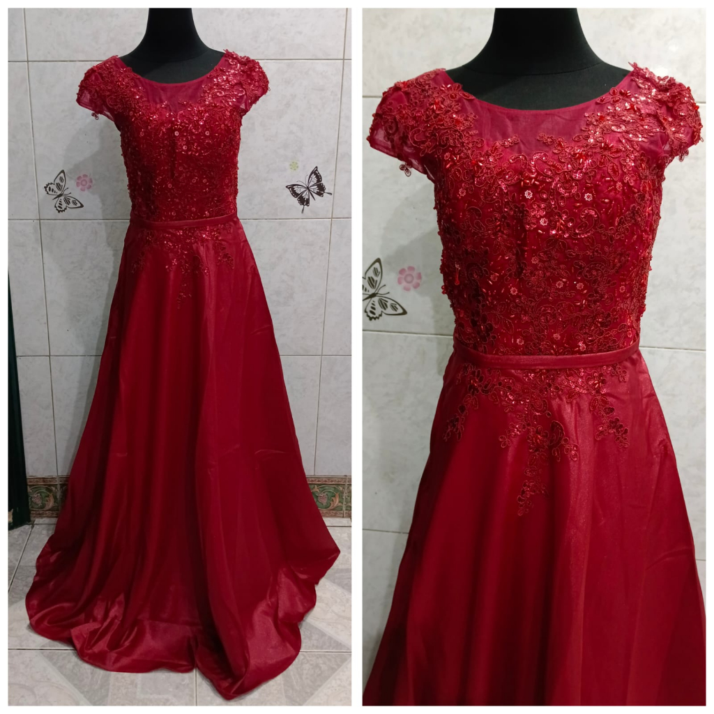 Longdress saten merah pink silver gaun pesta satin premium fio942