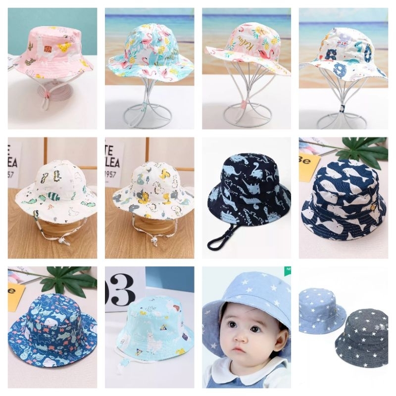 BUCKET HAT IMPOR TOPI RIMBA ANAK PEREMPUAN / LAKI 1-8 TAHUN MOTIF PANTAI HUTAN PANCING DENGAN TALI