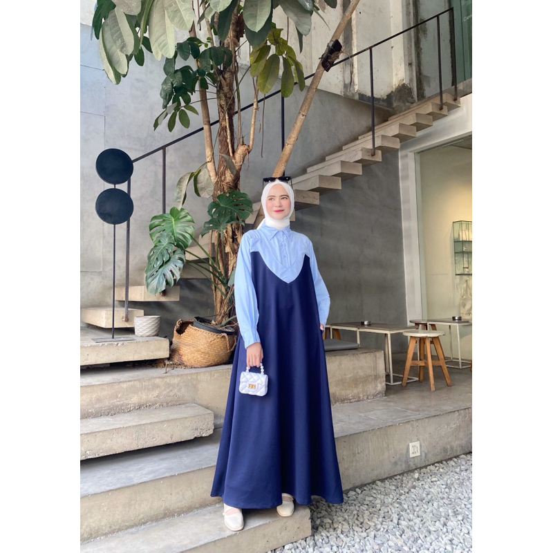 Gamis Katun Biru LARISA Wanita Busui Muslim Kerja Casual Hits Kekinian Scuba Bonnie Navy Cloth Elega