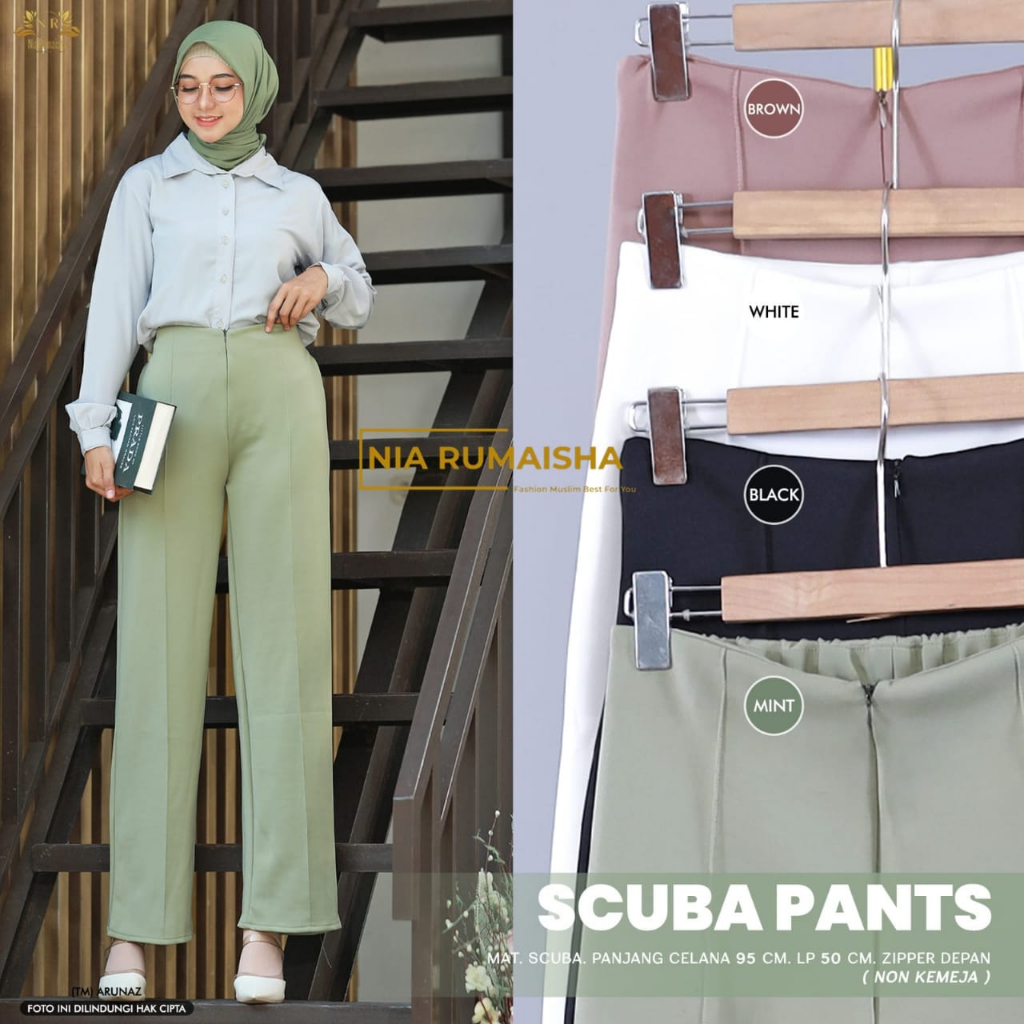 Mira Scuba Pants - Celana Kerja Casual Cewek Warna Putih Coklat Maroon Tulang Mint Hitam