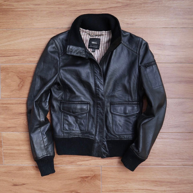 Jaket kulit Mango domba bomber Vintage flight Pl bekas preloved second