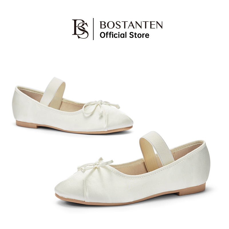 BOSTANTEN Sepatu Wanita Karet Elastis Ujung Bulat Desain Kasual Nyaman Elegan Warna Pink dan Putih 36-40